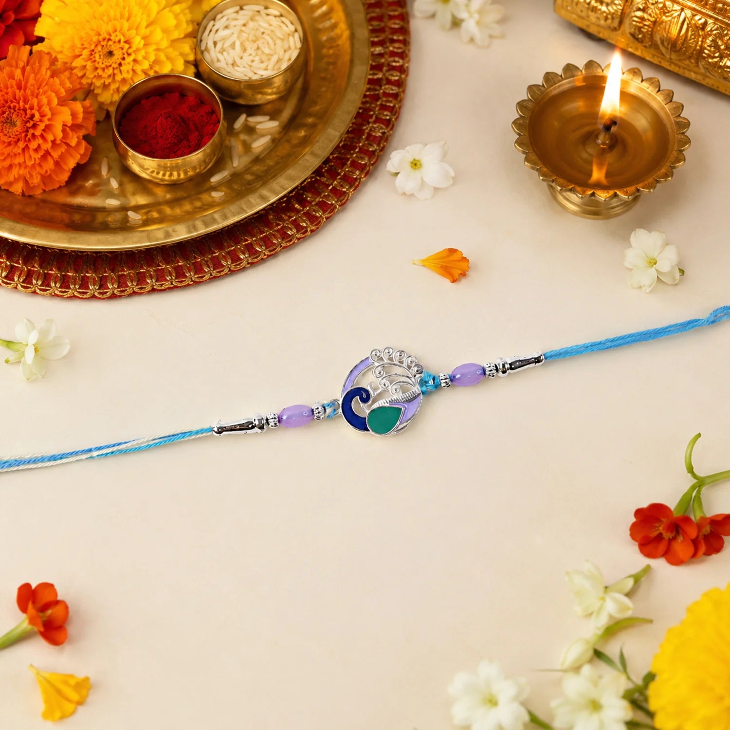 Rakshabandhan Peacock Motif Rakhi – Elegant Beaded Thread For Brothers