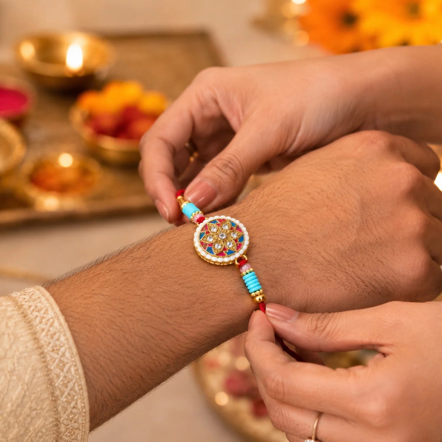 Multicolor Floral Kundan Rakhi – Elegant Design For Rakshabandhan