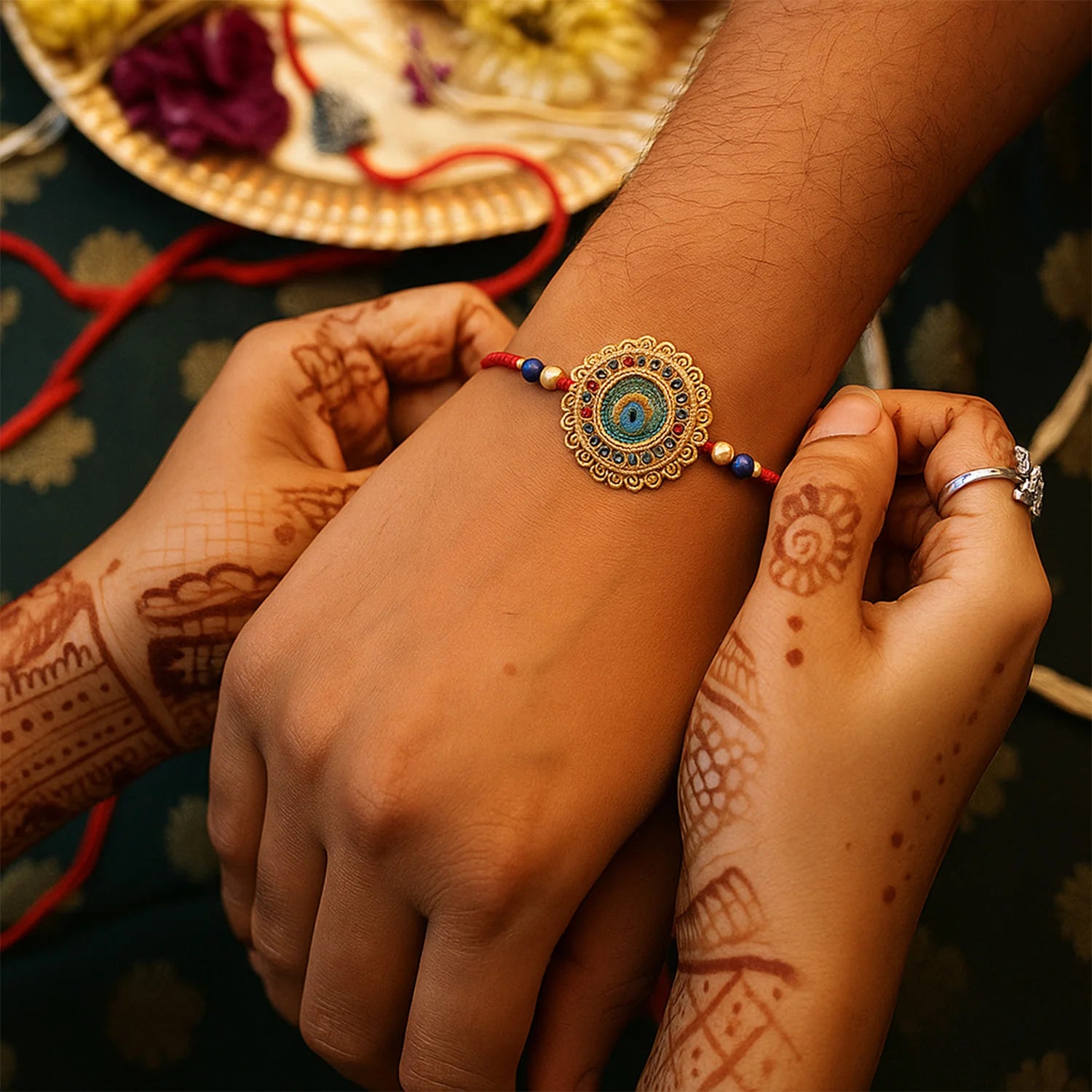 Traditional Flower Design Golden Rakhi – Festive Elegance & Blessings