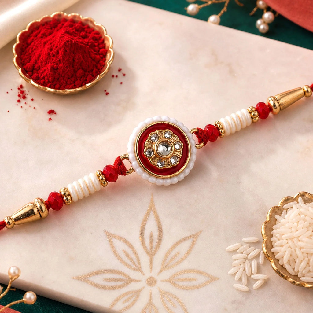 Kundan Pearl Rakhi Traditional Festive Gift For Brothers Raksha Bandhan