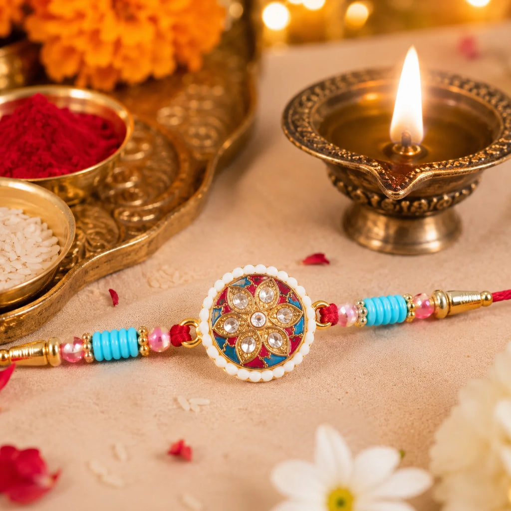 Multicolor Floral Kundan Rakhi – Elegant Design For Rakshabandhan