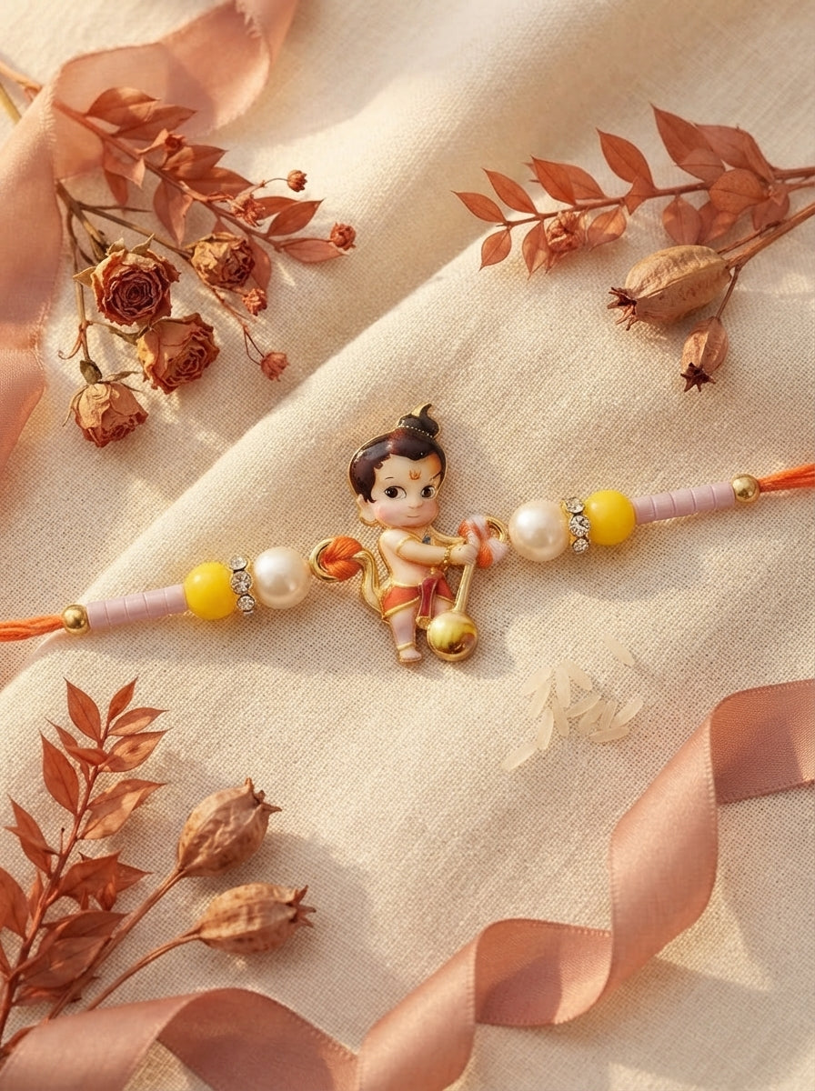 Bal Hanuman Ji Rakhi displayed on cream fabric with terracotta floral accents and silk ribbons.