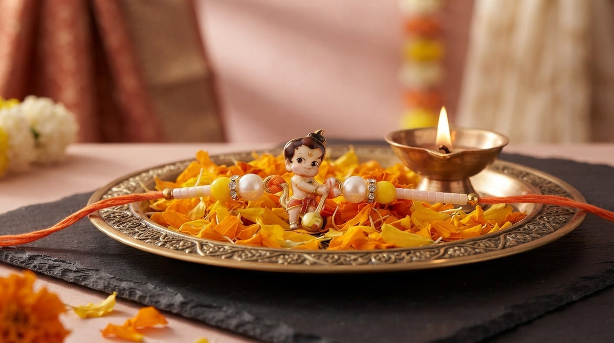 A premium Bal Hanuman Ji Rakhi displayed on a brass plate with flower petals and a diya in a softly lit, festive room.