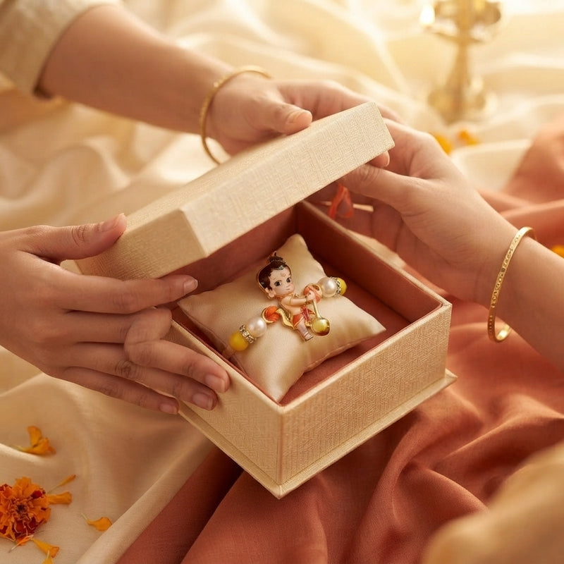 Hands opening a premium gift box containing a Bal Hanuman Ji Rakhi on a festive table setting.