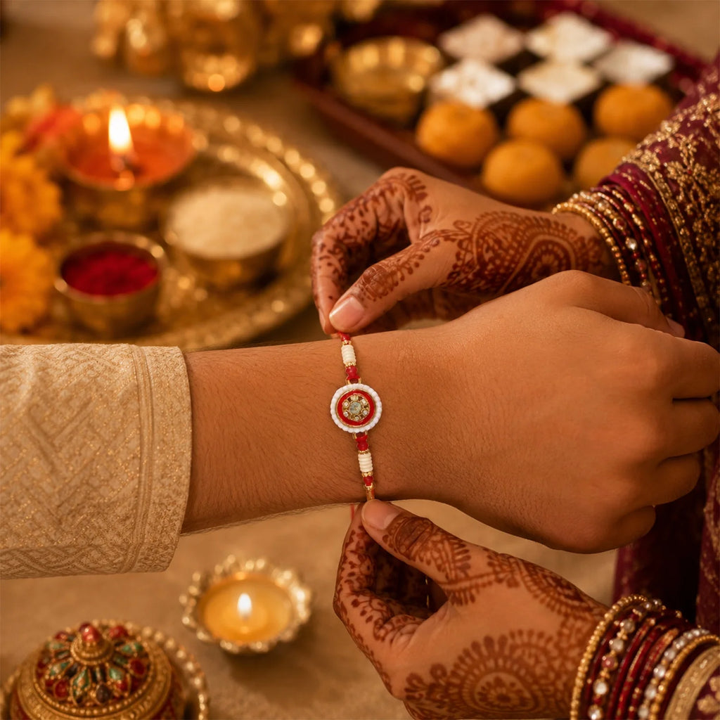 Kundan Pearl Rakhi Traditional Festive Gift For Brothers Raksha Bandhan