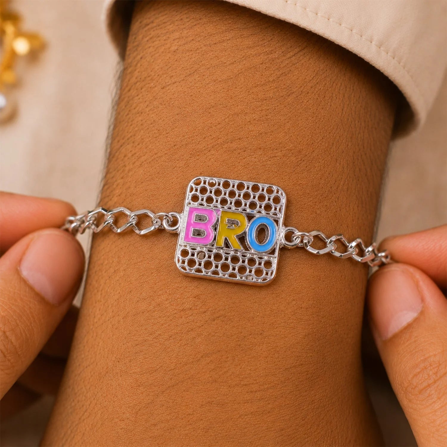 Bro Text Stone Studded Rakhi For Brother – Chain Style