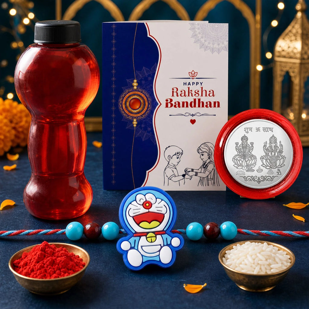 Kids Cartoon Cat Rakhi With Water Bottle Gift Combo
