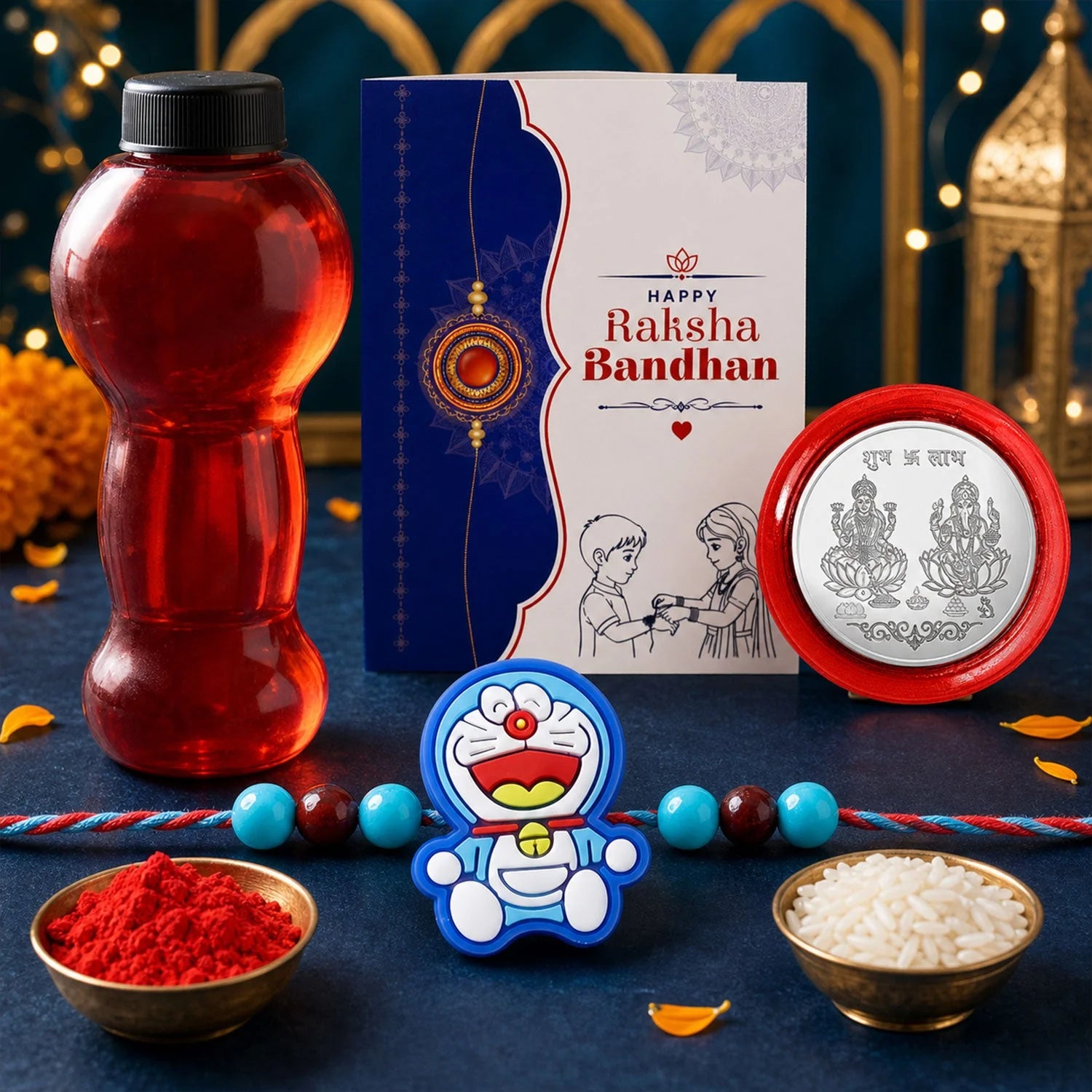 Kids Cartoon Cat Rakhi With Water Bottle Gift Combo