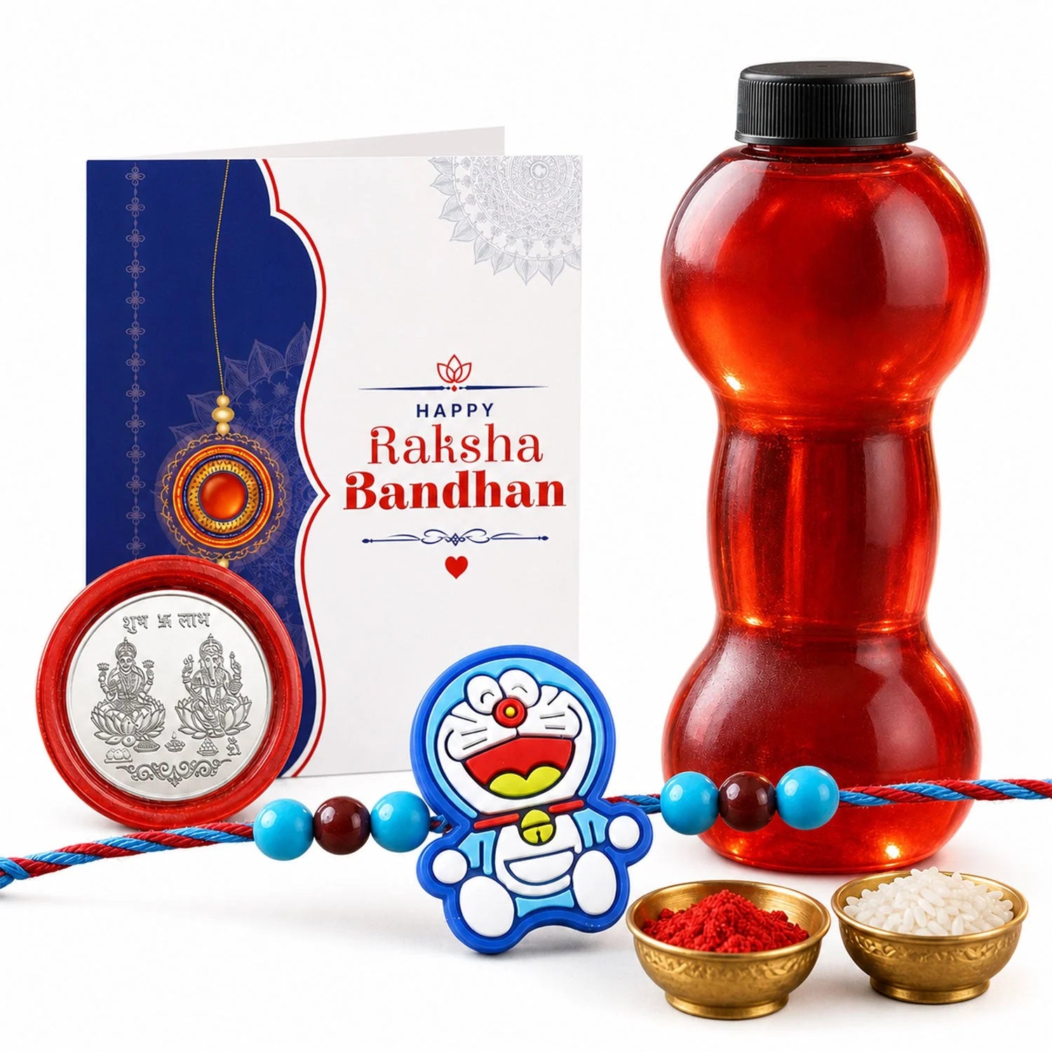 Kids Cartoon Cat Rakhi With Water Bottle Gift Combo