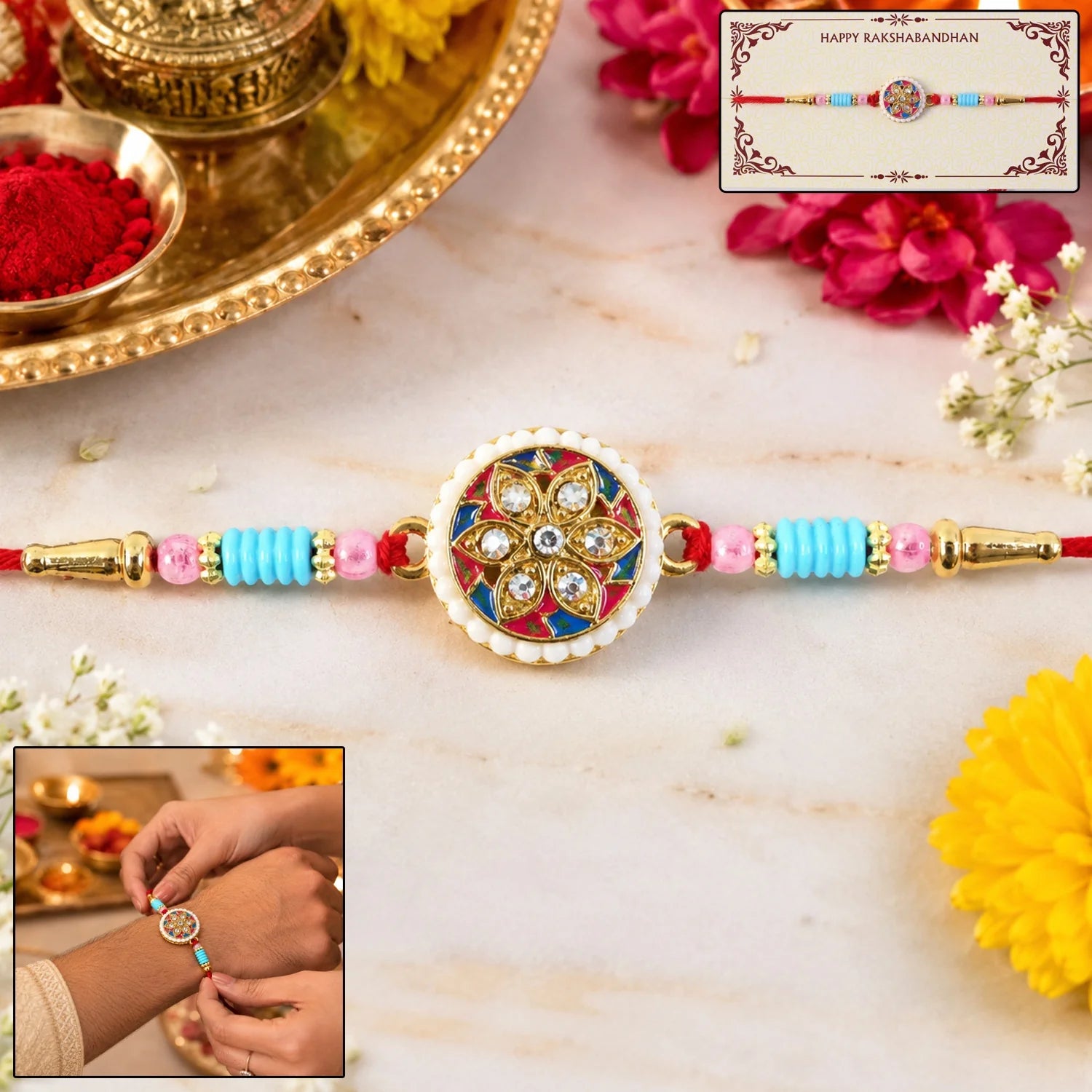 Multicolor Floral Kundan Rakhi – Elegant Design For Rakshabandhan